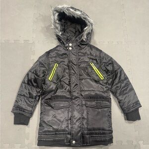 DKNY Black Hooded Coat with Faux Fur Trim